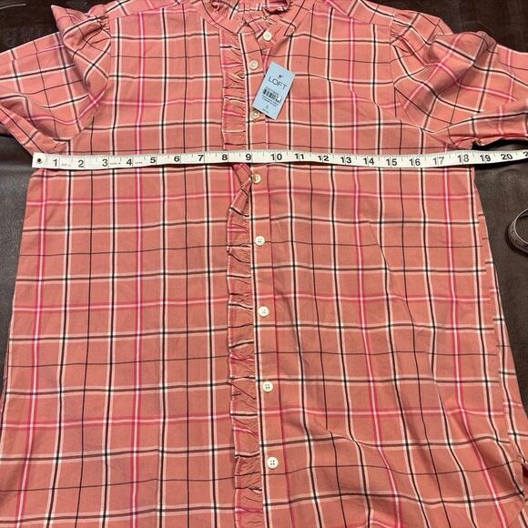 Loft Plaid Ruffle Button Up Blouse Pink Long Sleeve Women SP Preppy Spring New - Picture 14 of 15